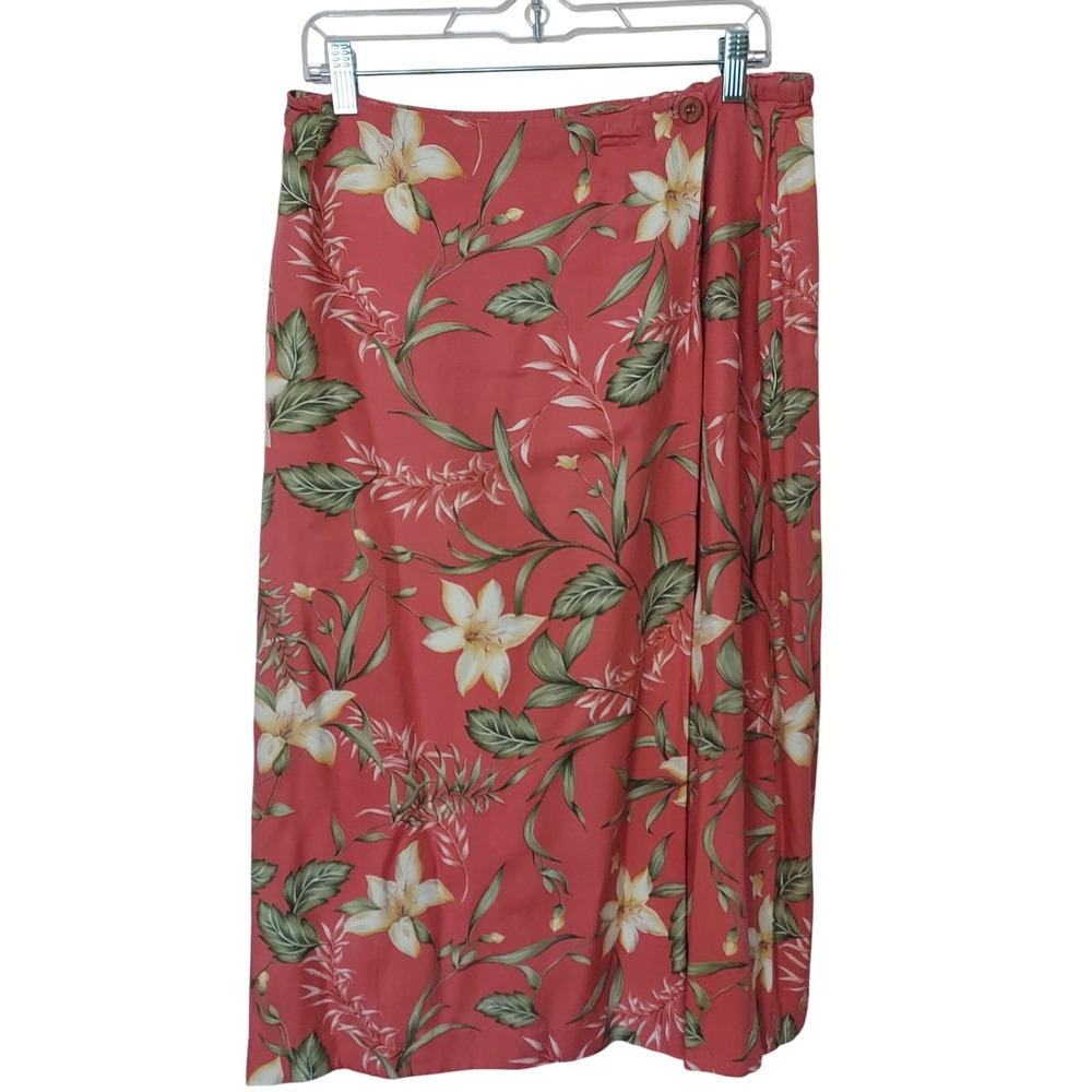 Appleseeds Womens 10 Coral Pink Floral Lily Tropical Midi Faux Wrap Skirt M